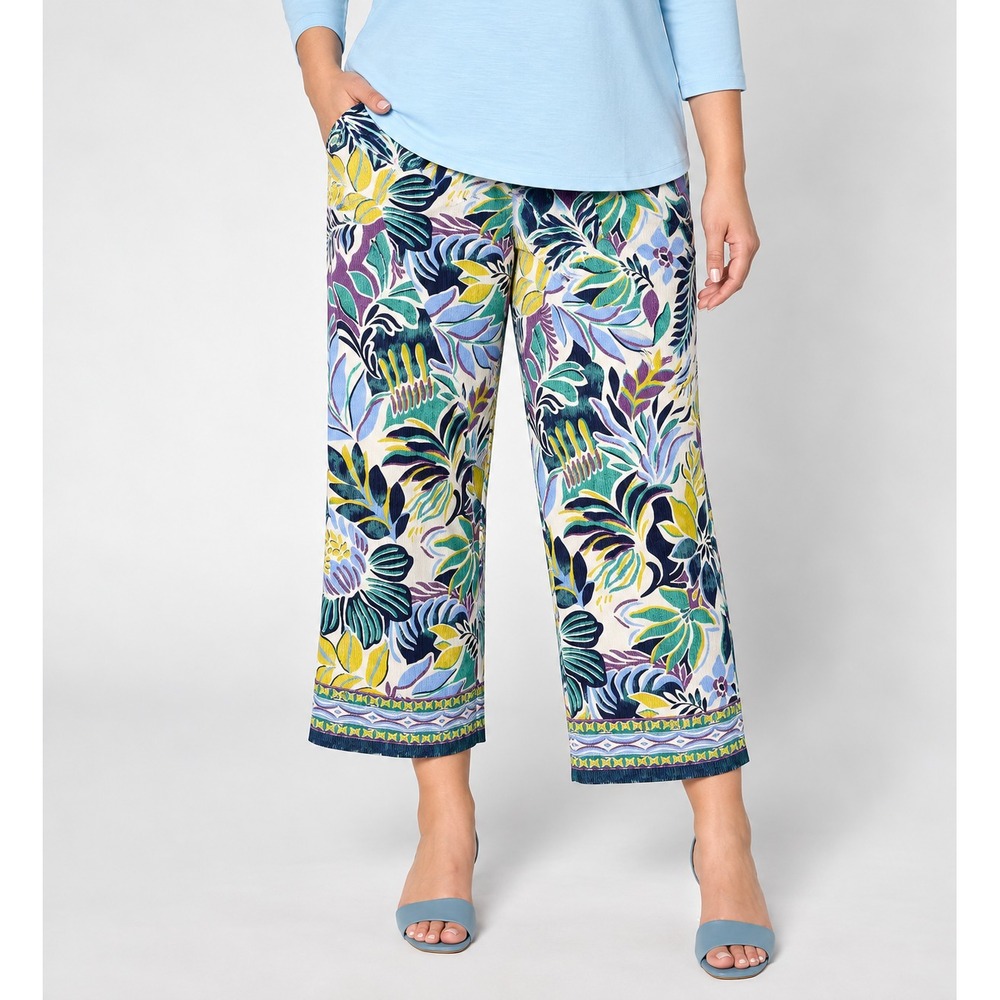 Denim & Co. Tall Beach Jersey Wide Leg Crop Pants Jade Tropical, P2X